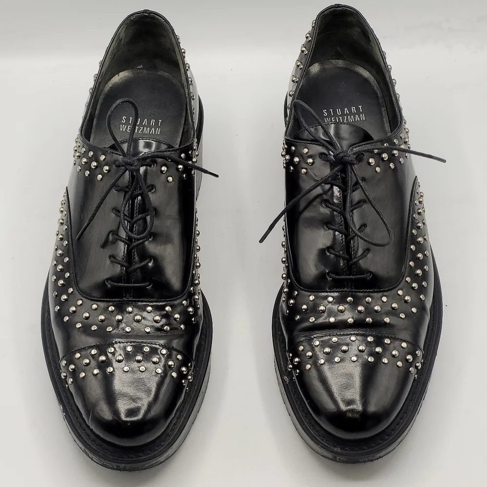Stuart‎ Weitzman Zealous Studded Platform Loafer Jet Mirror Black. Size 9.5 M